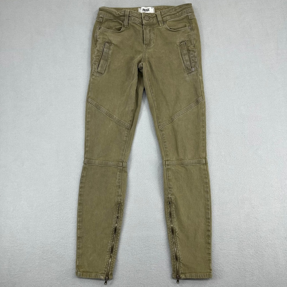 Paige Women Olive Green Moto Skinny Ankle Zip Pants Size 25 Cotton Stretch